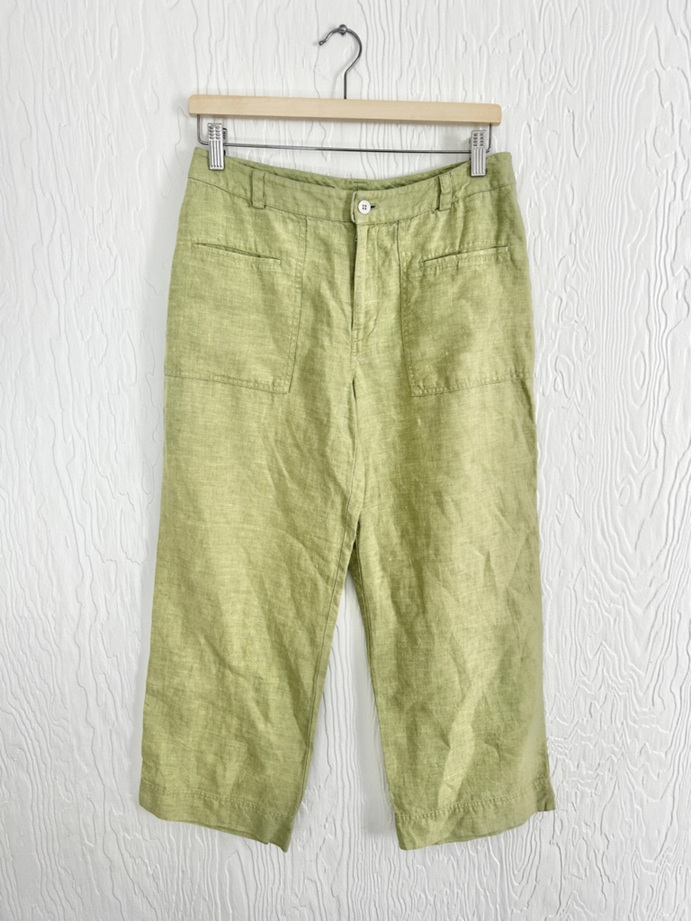 SIGRID OLSEN 100% Linen Wide Leg Pants Green Size 6 Lagenlook Relaxed Casual